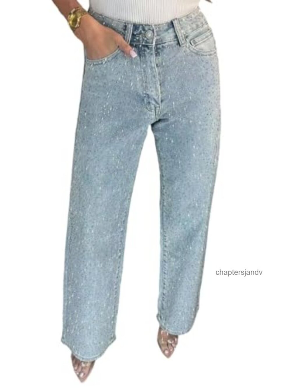 Rhinestone Boyfriend Straight Leg Mid Rise Bling Denim Jeans